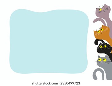  Cartoon cats, place for inscription, text. Banner, frame with funny kittens. Vector illustration, white background, isolated.