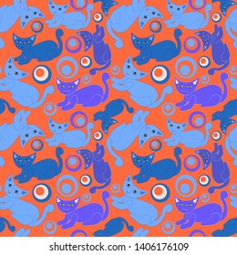 Cartoon cats playing with balls. Vector seamless pattern with cute cats.