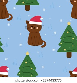 Cartoon cats seamless pattern with Christmas trees and elements. Cute Christmas wallpaper for cards, gift wrapping paper