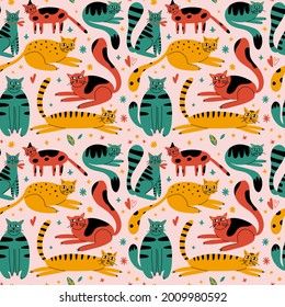 Cartoon cats seamless pattern. Hand drawn funny pets in different poses, Green yellow and red playful kittens, domestic animals. Decor textile, wrapping paper wallpaper vector print or fabric