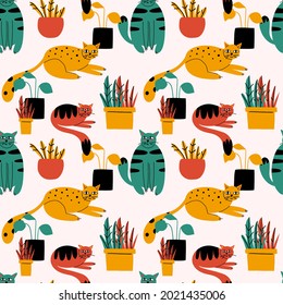 Cartoon cats seamless pattern. Hand drawn funny pets in different poses, Green yellow and red playful kittens, domestic animals. Decor textile, wrapping paper wallpaper vector print or fabric