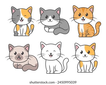 Cartoon cats set. Cat icon modern geometric flat style vector illustration. Cute cat icon pack. Cats outline icon set. Vector illustration