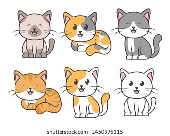 Cartoon cats set. Cat icon modern geometric flat style vector illustration. Cute cat icon pack. Cats outline icon set. Vector illustration