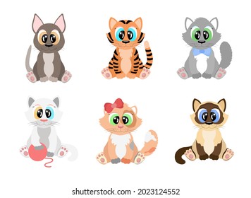 Cartoon cats set. Cute kittens of different breeds with big eyes are sitting