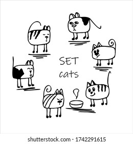 Gatos de caricatura. Un conjunto de elementos con felinos garabatos. Dibujo de contorno negro sobre fondo blanco. Ilustración vectorial.