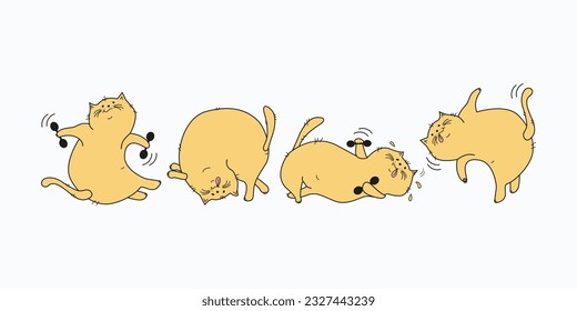 Cartoon Cats Set. Fat happy cats doing gymnastics. Cat with dumbbells, in yoga pose.  Doodle. Vector illustration. Background isolated.