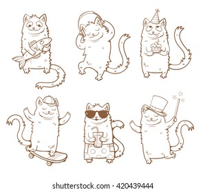 Cartoon cats set. Funny kittens in various poses. Vector contour image. Children's illustration.  Transparent background.