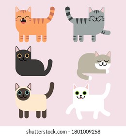 Cartoon Katzen einfache moderne geometrische, verschiedene Katzencharaktere setzen, Posen und Emotionen. eps10 Vektor. 