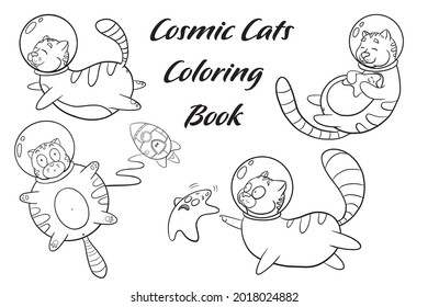 Cartoon Cats in Space Coloring Page. Funny Cosmic Cats sketch. Cute animals in space illustrations for coloring book