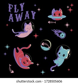 Cartoon cats in space, galaxy, vector illustration 