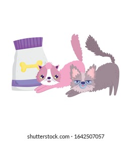 cartoon cats stretching with package food feline pets vector illustration