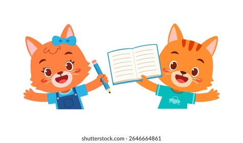Cartoon Cats Studying Together with Book and Pencil, Happy Orange Kittens