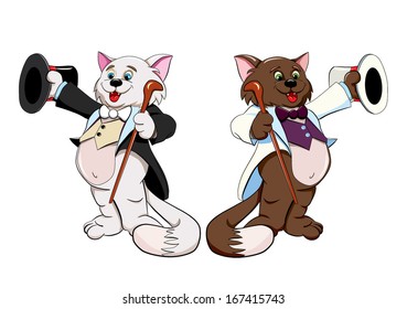 cartoon cats in a tail-coats with a walking sticks and hats-cylinders