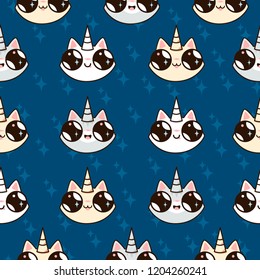 cartoon cats unicorns. children's fairy pattern. cats on a dark blue background