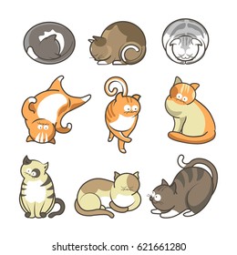 Cartoon cats in various positions set on white