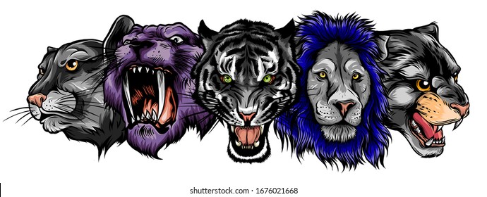 Cartoon cats vector set. Illustration of black panther, cougar, jaguar, leopard, lion, tiger, cheetah, snow leopard.