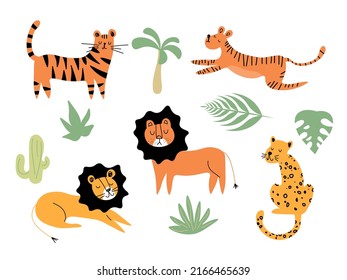 Cartoon cats vector set. Illustration of jaguar, leopard, lion, tiger on a white background. EPS