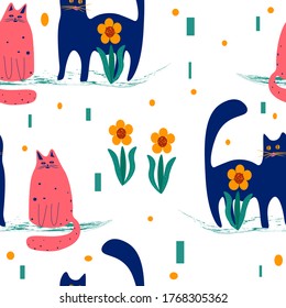 cartoon cats walking in nature vector, seamless pattern.