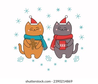 Cartoon cats wearing a Santa hat, a scarf with a mug and a gingerbread man. Red mug with a hot drink. Sweet food. Cute kitten, Snow, snowflakes. Christmas, New Year. Vector illustration.