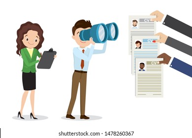 Cartoon caucasian businessman looking through binoculars on resume,different hands holding cv.Boss,female assistant and job candidates to job.Recruitment and job search concept. Flat vector 