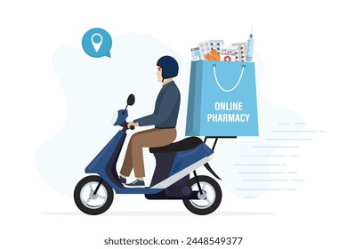 Caricatura caucásica repartidor montando scooter moderno. Mensajero entrega medicamentos. Farmacia en línea, entrega rápida de medicamentos. Personaje masculino en casco en moto. Ilustración vectorial plana