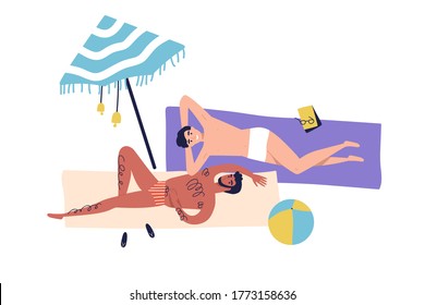 Cartoon caucasian homosexual men sunbathing on beach. Gay couple lying, having rest, relaxing. Male friendship, relaxation under umbrella in cartoon flat illustration isolated on white background