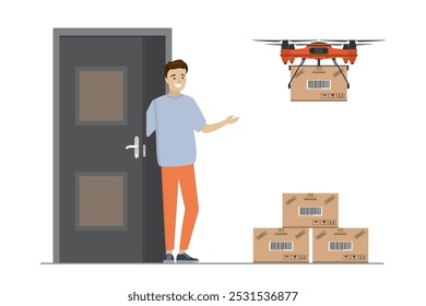 Hombre caucásico de dibujos animados cerca de la puerta abierta, entrega drone que sostiene la caja. Pila de cajas de paquetes. Diseño aislado sobre fondo blanco. Servicio de entrega, concepto de Anuncio. Ilustración vectorial plana