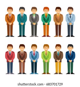 Cartoon caucasian men in business suit set flat style. Closed posture.