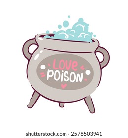 Cartoon cauldron with boiling magic potion and love elixir. Magic love potion in cauldron vector illustration.