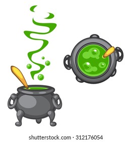 Cartoon Cauldron With Green Boiling Poison And Golden Spoon, Side And Top View 