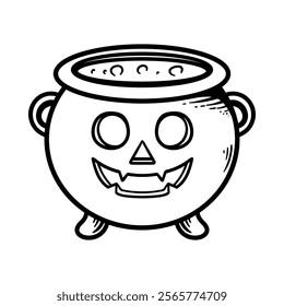 cartoon cauldron with halloween face isolated drawing line art style sketch classic vintage design illustration