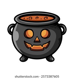 cartoon cauldron with Halloween face isolated colored drawing line art style sketch classic vintage design illustration