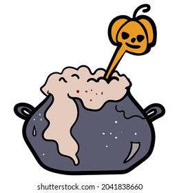 Cartoon Cauldron with Magic Potion and Spoon with Skull Vector Illustration Party Time