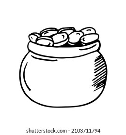 Cartoon Cauldron with money. Pot with gold coin for Patricks day. Print for cards, banners, posters, decor, design. Vector illustration in doodle style isolated on background.