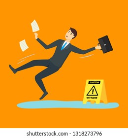 Cartoon Caution Wet Floor mit Charakter Business Mann. Vektorillustration
