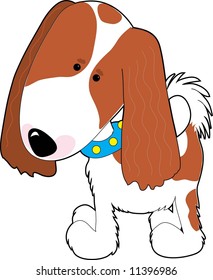 A cartoon of a Cavalier King Charles Spaniel on a white background