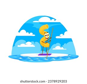 Cartoon cavatappi pasta character with sup board on summer beach vacation. Happy italian macaroni vector personage riding sea waves with stand up paddle board, summer holiday recreational activity