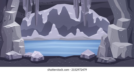 Cartoon cave background  vector underground lake landscape  cavern gray stalagmite  rock  water  Fantasy mine illustration  pre  historic dungeon cliff  dangerous grotto river  Cave background frame