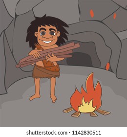 cartoon cave boy bringing wood to bonfire, funny vector cartoon illustration of prehistory life