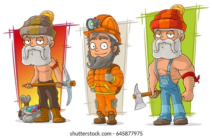 Cartoon cave digger and lumberjack character vector set