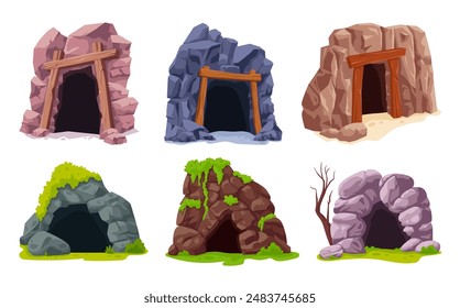 Entradas de cuevas de dibujos animados. Cuevas o minas de oro en la montaña de piedra, agujero montañas vieja prehistórica caverna de roca mineral túnel minero juego de dibujos animados, cavernícola den ingeniosa Ilustración vectorial