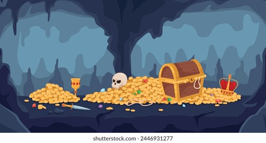 Cartoon cave with fabulous treasures. Wooden chest full of gold coins and gemstones. Jewelry cups and crowns. Human skull. Stone grotto. Golden wealth in cavern. Recent