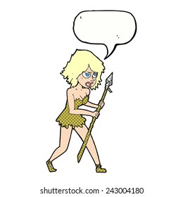 cartoon cave girl with speech bubble