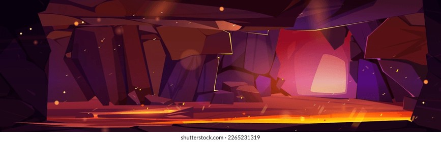 Cartoon cave with hot lava river. Vector illustration of landscape inside rocky mountain, flow of red and orange magma between stone walls with splashes and sparkles. Volcano interior game background