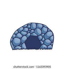 cartoon cave illustration. Geology tourism symbol isolated on white. Stone prehistoric house. Natural environment object. 