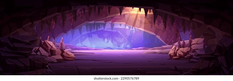 Cartoon cave interior illuminated with sunlight from ceiling. Vector illustration of rocky landscape inside mountain for adventure game background. Fantasy dark scene with stones and cobweb. Old mine