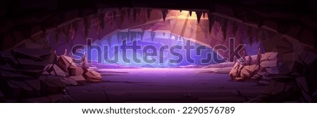 Cartoon cave interior illuminated with sunlight from ceiling. Vector illustration of rocky landscape inside mountain for adventure game background. Fantasy dark scene with stones and cobweb. Old mine