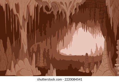 Cartoon cave, nature limestone stalactites and stalagmites. Geology mineral formations, growth natural rocks flat vector illustration. Cave limestone formations view