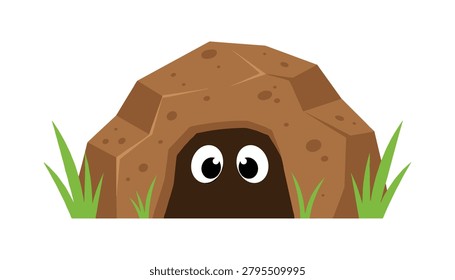 Cartoon cave opening with hidden eyes in grass creature wildlife underground