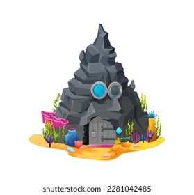 Cartoon cave in rock, underwater house building, vector undersea home dwelling. Mermaid or coral reef marine creature shelter in underwater rock with windows and door in cave, fairy marine house